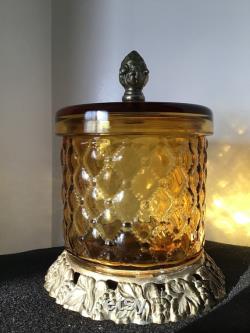 LE Smith Glass Company Amber Gold Vintage Powder Jar