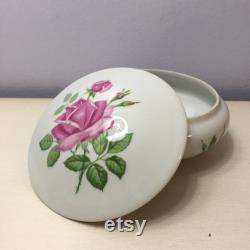 LIMOGES Powder Jar Decor a la Rose White Porcelain Pink Roses Vintage Covered Trinket Bowl