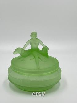 L. E. Smith Glass Green Satin Depression Glass Art Deco Lady With 2 Dogs Powder Trinket or Jewelry Box Called Annette, Circa 1930's