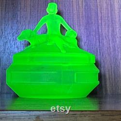 L. E. Smith Glass Green Satin Depression Glass Art Deco Lady With 2 Dogs Powder Trinket or Jewelry Box Called Annette, Circa 1930's