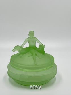 L. E. Smith Glass Green Satin Depression Glass Art Deco Lady With 2 Dogs Powder Trinket or Jewelry Box Called Annette, Circa 1930's