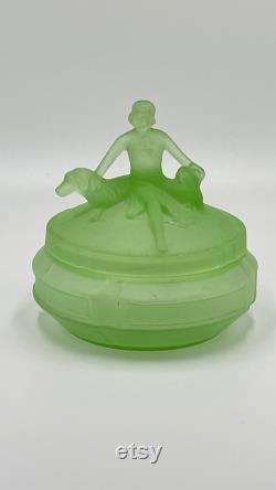 L. E. Smith Glass Green Satin Depression Glass Art Deco Lady With 2 Dogs Powder Trinket or Jewelry Box Called Annette, Circa 1930's