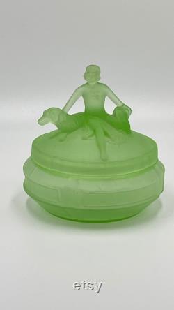 L. E. Smith Glass Green Satin Depression Glass Art Deco Lady With 2 Dogs Powder Trinket or Jewelry Box Called Annette, Circa 1930's