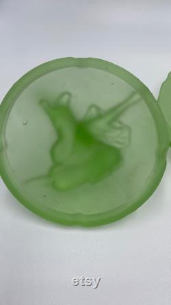 L. E. Smith Glass Green Satin Depression Glass Art Deco Lady With 2 Dogs Powder Trinket or Jewelry Box Called Annette, Circa 1930's