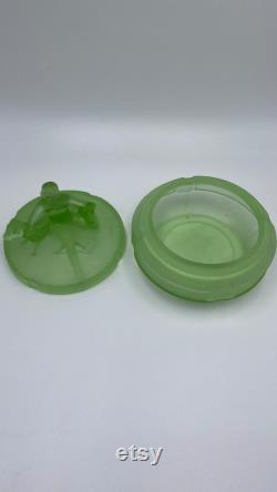 L. E. Smith Glass Green Satin Depression Glass Art Deco Lady With 2 Dogs Powder Trinket or Jewelry Box Called Annette, Circa 1930's