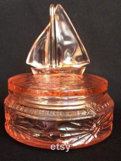 L. E. Smith Glass Pink Sailboat Nautical Themed Powder Box or Trinket Dish