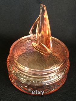 L. E. Smith Glass Pink Sailboat Nautical Themed Powder Box or Trinket Dish