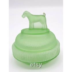 L.E. Smith STANDING TERRIER Frosted Green Satin 1930's Glass Powder Jar Antiqu
