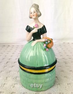Lady Art Deco Powder Bowl 1920's Figural Ceramic , Antique Powder Bowl , Vanity Collectable , Flapper Powder Bowl ,