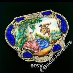 Large Antique Detailed Enamel Hand Painting Engraved .800 Silver Makeup or Powder Box