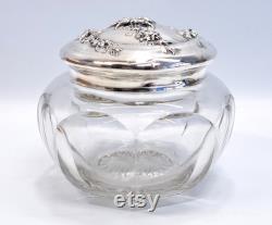 Large Antique Victorian Sterling Silver Pressed Glass Vanity Powder Jar Floral Repousse 7