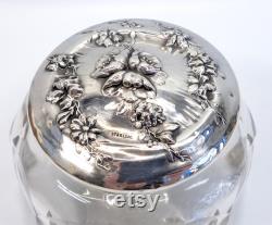 Large Antique Victorian Sterling Silver Pressed Glass Vanity Powder Jar Floral Repousse 7