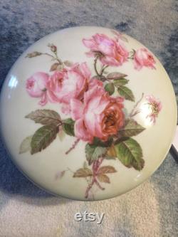 Large Circa 1892-1917 TV Tressemanes and Volt Porcelain Powder Vanity Jar -HP Roses