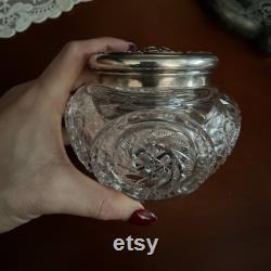 Large Cut Glass Vanity Jar withCherub Lid, Victorian-Style Dresser Jar, Ornate Silverplate, Art-Nouveau, Rococo, Hollywood Regency Boudoir