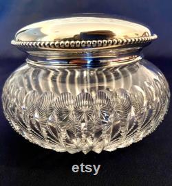 Large Deluxe Cut Crystal and Sterling Silver Vanity Jar Cosmetic Jar