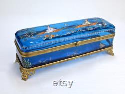 Large Japonisme Moser Bronze Mounted and Enameled Blue Glass Casket Box GL