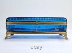 Large Japonisme Moser Bronze Mounted and Enameled Blue Glass Casket Box GL