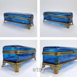 Large Japonisme Moser Bronze Mounted and Enameled Blue Glass Casket Box GL