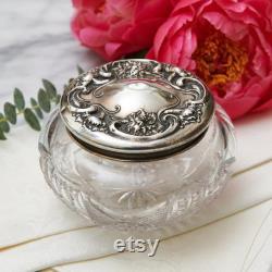 Large Victorian Sterling Silver Repousse Lid Crystal Dresser Vanity Box, Powder Jar