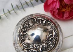 Large Victorian Sterling Silver Repousse Lid Crystal Dresser Vanity Box, Powder Jar