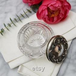 Large Victorian Sterling Silver Repousse Lid Crystal Dresser Vanity Box, Powder Jar