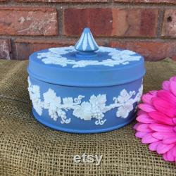 Large round vintage blue lidded Jasperware Wedgwood trinket powder box made in England grapevine design dresser jewelry box