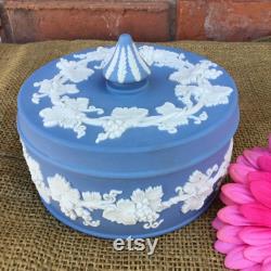 Large round vintage blue lidded Jasperware Wedgwood trinket powder box made in England grapevine design dresser jewelry box