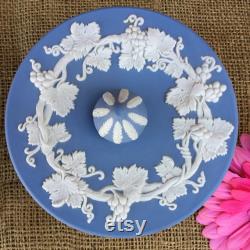 Large round vintage blue lidded Jasperware Wedgwood trinket powder box made in England grapevine design dresser jewelry box