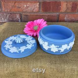 Large round vintage blue lidded Jasperware Wedgwood trinket powder box made in England grapevine design dresser jewelry box