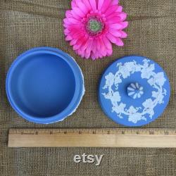 Large round vintage blue lidded Jasperware Wedgwood trinket powder box made in England grapevine design dresser jewelry box