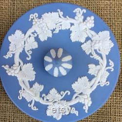 Large round vintage blue lidded Jasperware Wedgwood trinket powder box made in England grapevine design dresser jewelry box