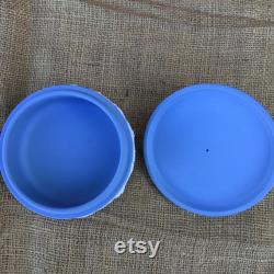 Large round vintage blue lidded Jasperware Wedgwood trinket powder box made in England grapevine design dresser jewelry box