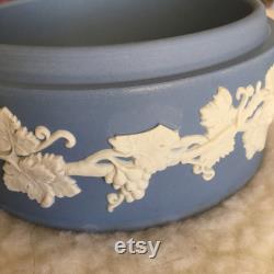 Large round vintage blue lidded Jasperware Wedgwood trinket powder box made in England grapevine design dresser jewelry box