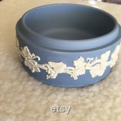 Large round vintage blue lidded Jasperware Wedgwood trinket powder box made in England grapevine design dresser jewelry box