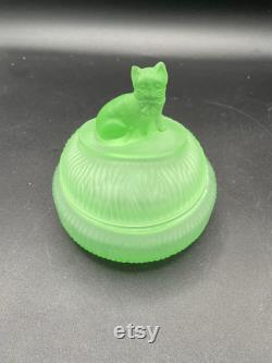 Le Smith Vintage Green Glass Glow Cat Powder jar