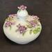 Lefton China Powder Box with Purple Violets, Rhinestone Centers, Green Vines and Leaves