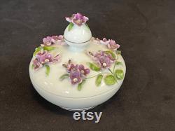 Lefton China Powder Box with Purple Violets, Rhinestone Centers, Green Vines and Leaves