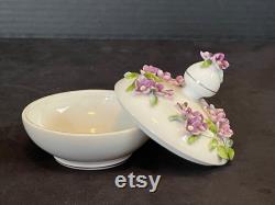 Lefton China Powder Box with Purple Violets, Rhinestone Centers, Green Vines and Leaves