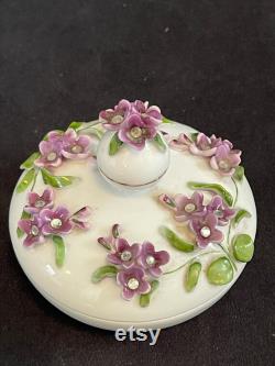 Lefton China Powder Box with Purple Violets, Rhinestone Centers, Green Vines and Leaves