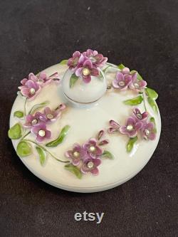 Lefton China Powder Box with Purple Violets, Rhinestone Centers, Green Vines and Leaves