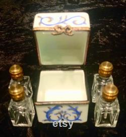Limoges France Porcelain Perfume Box Holding Four Miniature Crystal Bottles with Dabbers and Gold Lids Hand Painted Blue Gold Designs