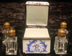 Limoges France Porcelain Perfume Box Holding Four Miniature Crystal Bottles with Dabbers and Gold Lids Hand Painted Blue Gold Designs