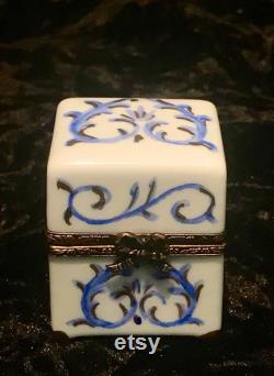 Limoges France Porcelain Perfume Box Holding Four Miniature Crystal Bottles with Dabbers and Gold Lids Hand Painted Blue Gold Designs