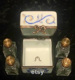 Limoges France Porcelain Perfume Box Holding Four Miniature Crystal Bottles with Dabbers and Gold Lids Hand Painted Blue Gold Designs