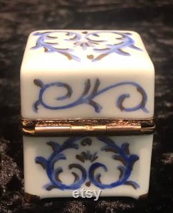 Limoges France Porcelain Perfume Box Holding Four Miniature Crystal Bottles with Dabbers and Gold Lids Hand Painted Blue Gold Designs