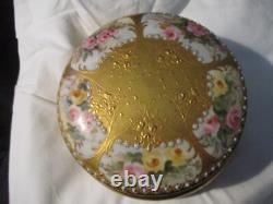 Limoges France Porcelain Powder Box Pink Flowers And Gold- 5 by 3 inches