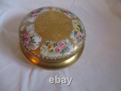 Limoges France Porcelain Powder Box Pink Flowers And Gold- 5 by 3 inches