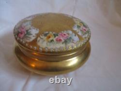 Limoges France Porcelain Powder Box Pink Flowers And Gold- 5 by 3 inches