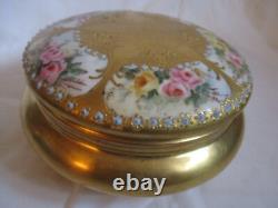 Limoges France Porcelain Powder Box Pink Flowers And Gold- 5 by 3 inches