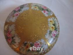 Limoges France Porcelain Powder Box Pink Flowers And Gold- 5 by 3 inches